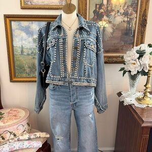 Denim Pearl-Studded Jacket